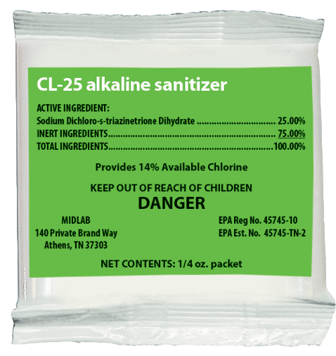 Midlab CL-25 Alkaline 
Sanitizer, 0.25oz - (200/cs)